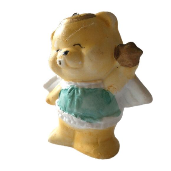 Vintage Ceramic Teddy Bear Ornament Handpainted 1980s Guardian Angel Wings - Picture 7 of 16